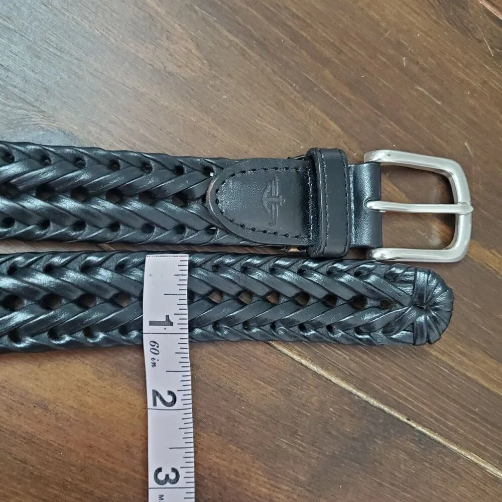 Dockers Braided Belt Men's 40 Black Leather Tab & Cord Woven Silvertone Buckle